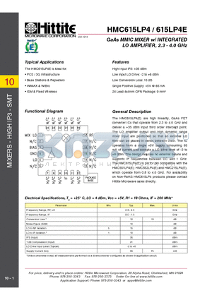 615LP4E datasheet - GaAs MMIC MIXER w/ INTEGRATED LO AMPLIFIER, 2.3 - 4.0 GHz