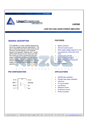 LND386 datasheet - LOW VOLTAGE AUDIO POWER AMPLIFIER