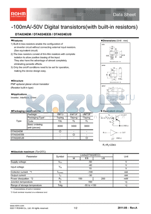 DTA024EM datasheet - 100mA/-50V Digital transistors(with built-in resistors)