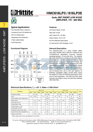 616LP3E datasheet - GaAs SMT PHEMT LOW NOISE AMPLIFIER, 175 - 660 MHz