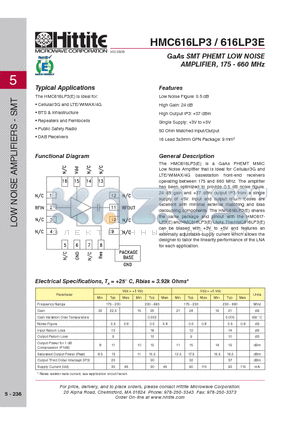 616LP3E datasheet - GaAs SMT PHEMT LOW NOISE AMPLIFIER, 175 - 660 MHz