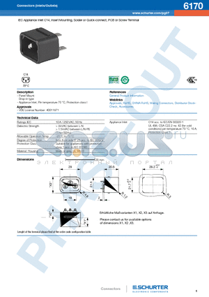 6170 datasheet - IEC Appliance Inlet C14, insert Mounting, Solder or Quick-connect, PCB or Screw Terminal