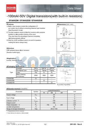 DTA043ZM datasheet - 100mA/-50V Digital transistors(with built-in resistors)