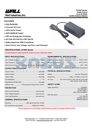 DTA060A1Y12FX datasheet - Single Output Up to 65 Watts AC/DC Desktop Adapter