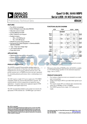 AD9229 datasheet - Quad 12-Bit, 50/65 MSPS Serial LVDS 3V A/D Converter