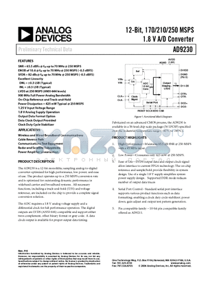 AD9230-210EB datasheet - 12-Bit, 170/210/250 MSPS 1.8 V A/D Converter