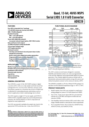 AD9228BCPZRL-65 datasheet - Quad, 12-bit, 40/65 MSPS Serial LVDS 1.8 V A/D Converter