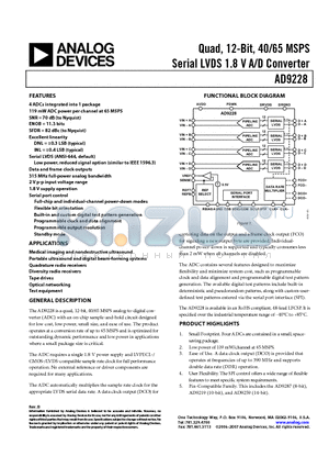 AD9228BCPZRL7-40 datasheet - Quad, 12-Bit, 40/65 MSPS Serial LVDS 1.8 V A/D Converter