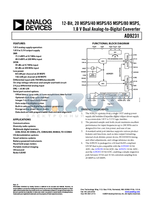 AD9231 datasheet - 12-Bit, 20 MSPS/40 MSPS/65 MSPS/80 MSPS, 1.8 V Dual Analog-to-Digital Converter