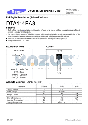 DTA114EA3 datasheet - PNP Digital Transistors (Built-in Resistors)