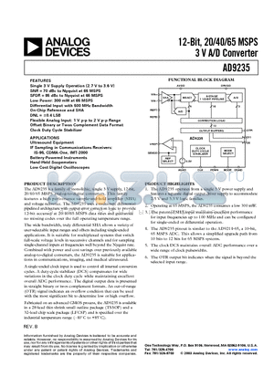 AD9235BRU-40 datasheet - 12-Bit, 20/40/65 MSPS 3 V A/D Converter