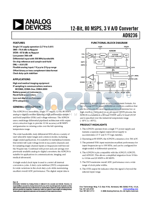 AD9236BCP-80EB datasheet - 12-Bit, 80 MSPS, 3 V A/D Converter