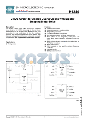 H1344 datasheet - CMOS Circuit for Analog Quartz Clocks with Bipolar Stepping Motor Drive