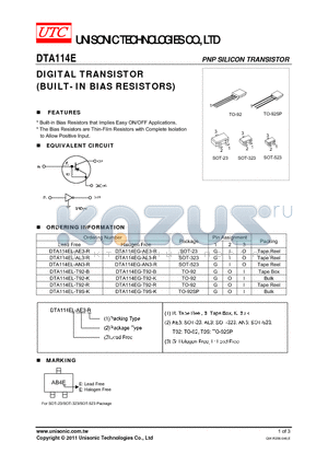 DTA114EG-T92-B datasheet - DIGITAL TRANSISTOR