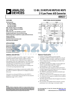 AD9237BCP-40EB datasheet - 12-Bit, 20 MSPS/40 MSPS/65 MSPS 3 V Low Power A/D Converter