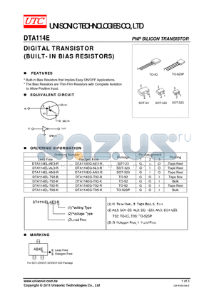 DTA114EL-T92-R datasheet - DIGITAL TRANSISTOR