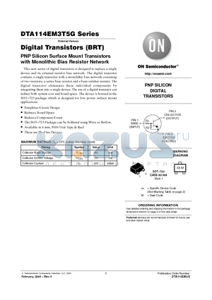 DTA114EM3T5G datasheet - Digital Transistors (BRT) PNP Silicon Surface Mount Transistors with Monolithic Bias Resistor Network