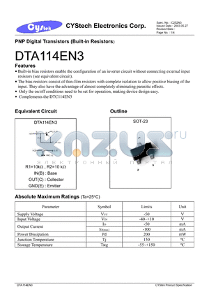 DTA114EN3 datasheet - PNP Digital Transistors (Built-in Resistors)