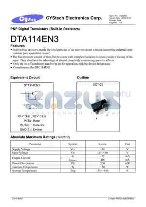 DTA114EN3S datasheet - PNP Digital Transistors (Built-in Resistors)