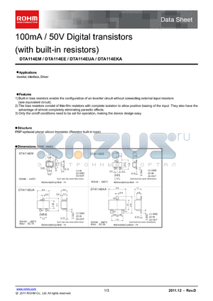 DTA114EUA datasheet - 100mA / 50V Digital transistors(with built-in resistors)