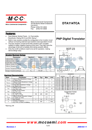 DTA114TCA datasheet - PNP Digital Transistor