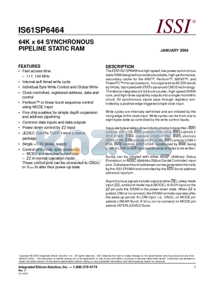 61SP6464 datasheet - 64K x 64 SYNCHRONOUS PIPELINE STATIC RAM