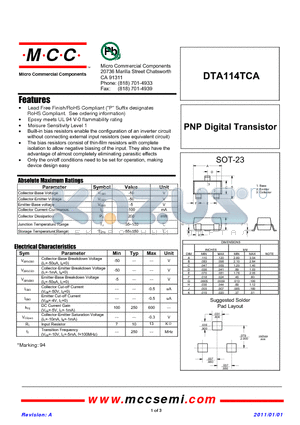 DTA114TCA datasheet - PNP Digital Transistor