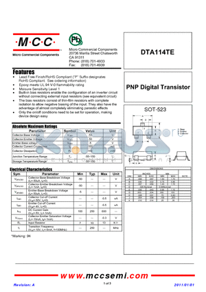 DTA114TE datasheet - PNP Digital Transistor