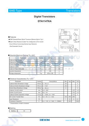 DTA114TKA datasheet - Digital Transistors