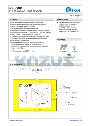 IC-LQNPTO18-4L datasheet - PULSE AND AC LIGHT SENSOR