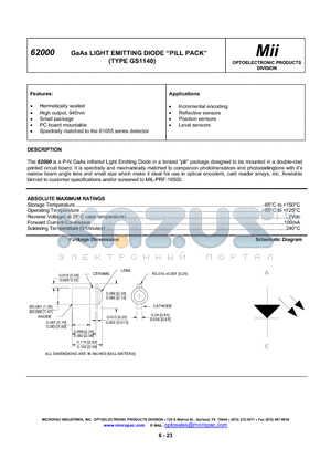 62000-004 datasheet - GaAs LIGHT EMITTING DIODE PILL PACK