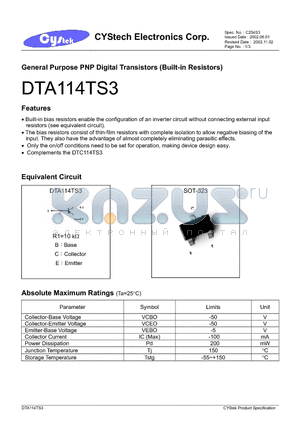 DTA114TS3 datasheet - General Purpose PNP Digital Transistors (Built-in Resistors)