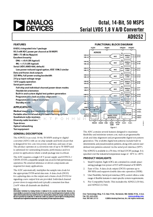 AD9252BCPZRL7-50 datasheet - Octal, 14-Bit, 50 MSPS Serial LVDS 1.8 V A/D Converter