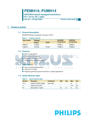 H1P datasheet - NPN/NPN resistor-equipped transistors  R1 = 47 kW-ohm, R2 = open