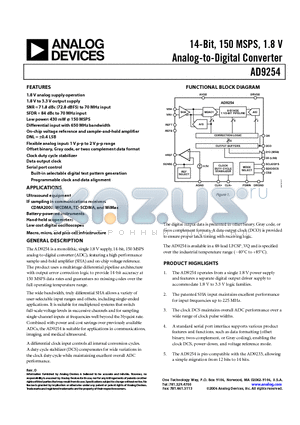 AD9254BCPZ-1501 datasheet - 14-Bit, 150 MSPS, 1.8 V Analog-to-Digital Converter