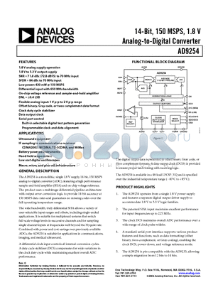 AD9254BCPZRL7-1501 datasheet - 14-Bit, 150 MSPS, 1.8 V Analog-to-Digital Converter