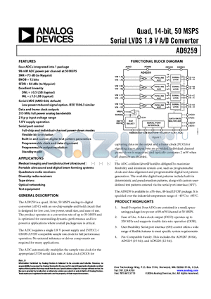 AD9259 datasheet - Quad, 14-bit, 50 MSPS Serial LVDS 1.8 V A/D Converter