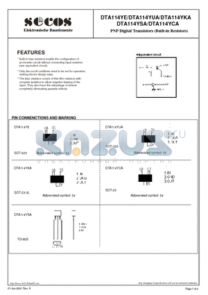 DTA114YCA datasheet - PNP Digital Transistors (Built-in Resistors)