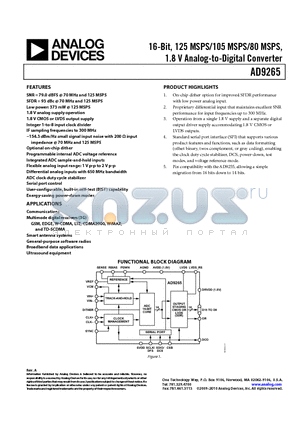 AD9265-125EBZ datasheet - 16-Bit, 125 MSPS/105 MSPS/80 MSPS 1.8 V Analog-to-Digital Converter