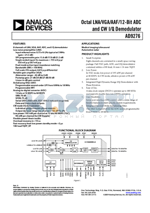 AD9276 datasheet - Octal LNA/VGA/AAF/12-Bit ADC and CW I/Q Demodulator