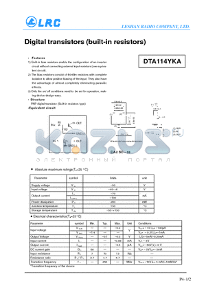 DTA114YKA datasheet - Digital transistors(built-in resistors)