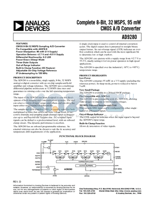 AD9280ARSRL datasheet - Complete 8-Bit, 32 MSPS, 95 mW CMOS A/D Converter