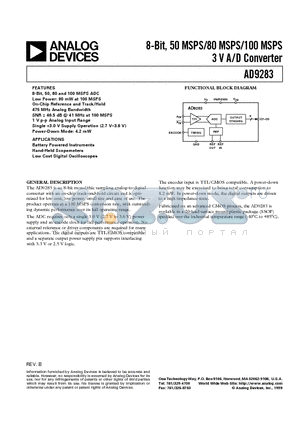 AD9283/PCB datasheet - 8-Bit, 50 MSPS/80 MSPS/100 MSPS 3 V A/D Converter