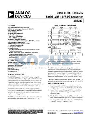 AD9287 datasheet - Quad, 8-Bit, 100 MSPS Serial LVDS 1.8 V A/D Converter