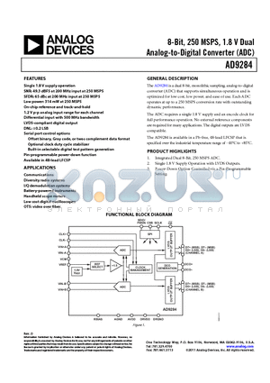 AD9284 datasheet - 8-Bit, 250 MSPS, 1.8 V Dual Analog-to-Digital Converter (ADC)