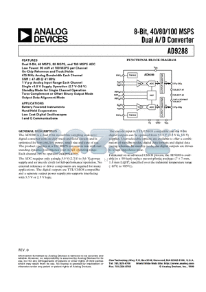 AD9288BST-80 datasheet - 8-Bit, 40/80/100 MSPS Dual A/D Converter
