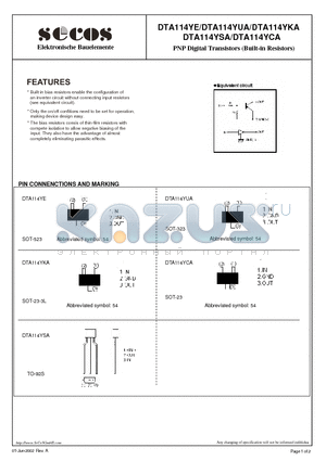 DTA114YUA datasheet - PNP Digital Transistors (Built-in Resistors)