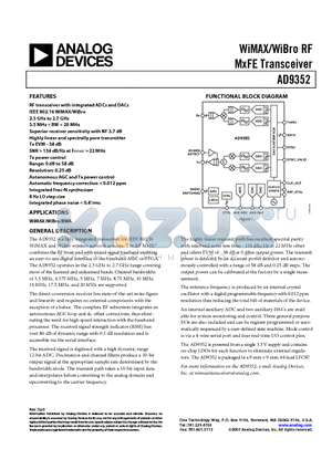 AD9352 datasheet - WiMAX/WiBro RF MxFE Transceiver