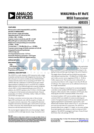 AD9355 datasheet - WiMAX/WiBro RF MxFE MISO Transceiver