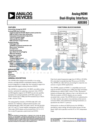 AD9380KSTZ-150 datasheet - Analog/HDMI Dual-Display Interface